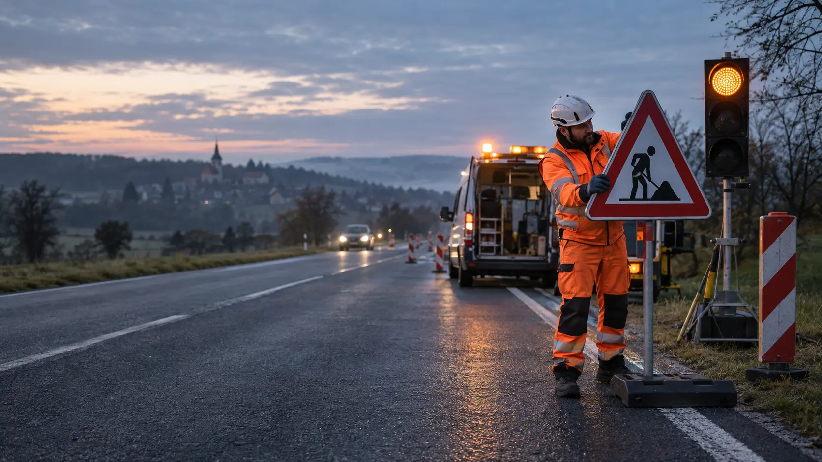 Technik instaluje přenosné dopravní značení u silnice